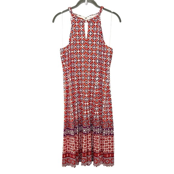 WISP Dress Fit Flare Keyhole Sleeveless Stretch Jersey Knit Red Orange Geometric - Picture 1 of 6